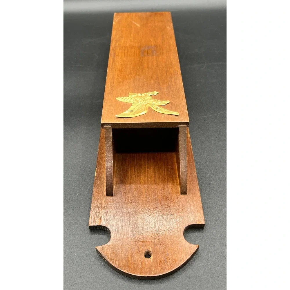 Vtg Wood Wall Hanging Long Match Stick Holder Gold Eagle Americana‎ MCM 14.5